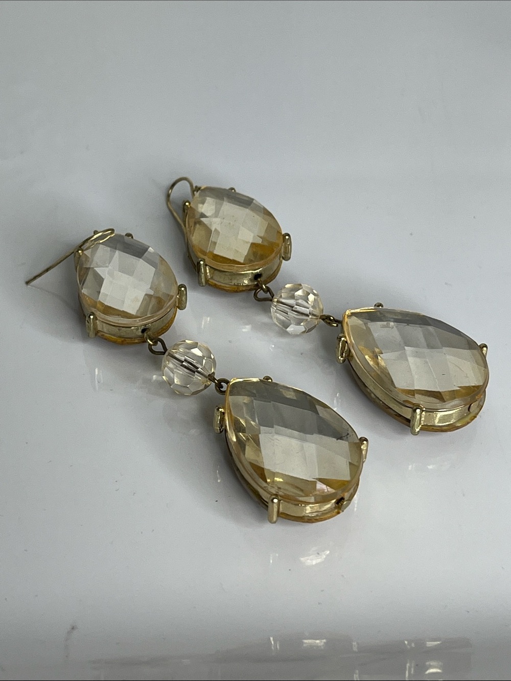 Gold-Tone Brown Stone 2-Sided Teardrop Crystal Dangle Earrings - Picture 8 of 8